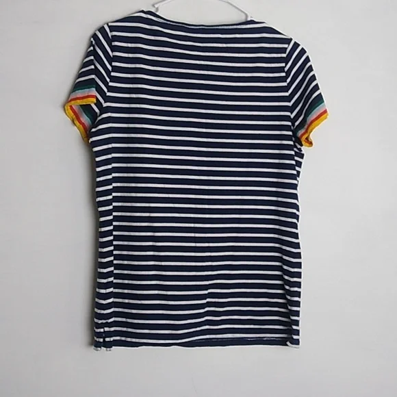 Boden Navy Blue White Striped T Shirt Rainbow Cuffed Short Sleeves Size 10 - Picture 5 of 10